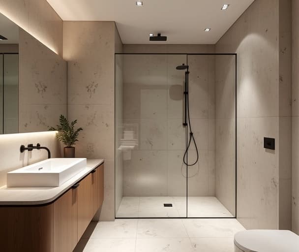 Baño moderno reformado en Sevilla con ducha de obra y azulejos claros